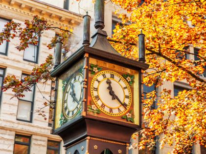 Steam Clock in autumn in Gastown District, Vancouver,British Columbia, Canada