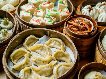 Dim sum, a meal of Chinese steamed dumplings and other small dishes