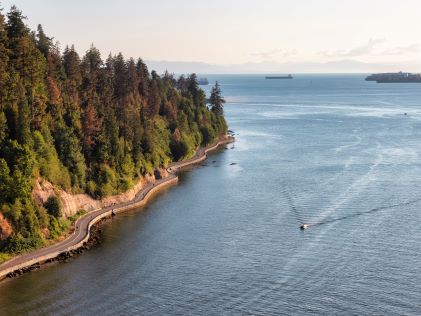 Aerial view of Stanley Park and Vancouver Harbor in Vancouver, British Columbia, Canada