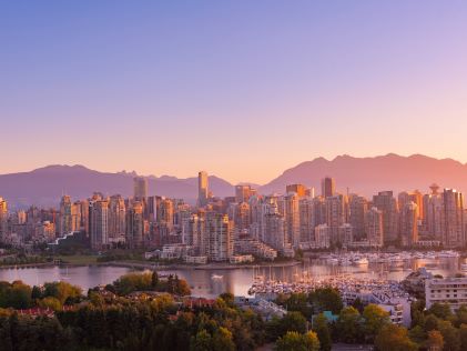 Sunset skyline of Vancouver, British Columbia, Canada
