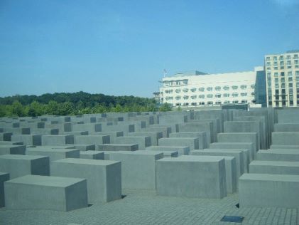 The Holocaust Memorial's series of gray, concrete blocks in Warnemunde, Germany