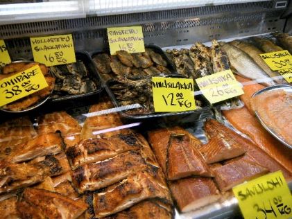 A variety of smoked fish for sale at a fish market in Helsinki, Finland