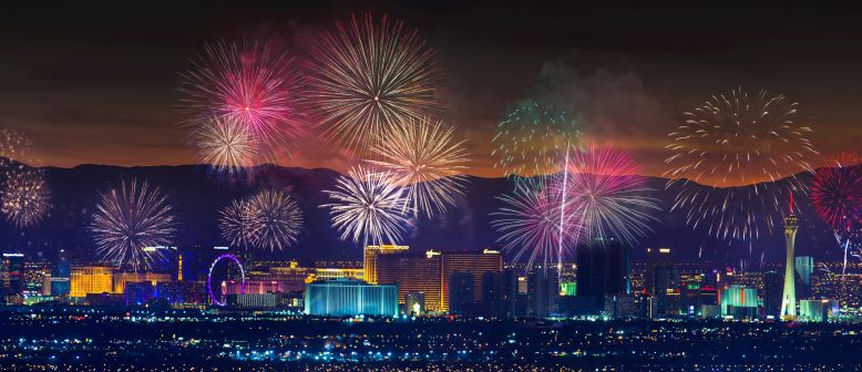 Multi-colored fireworks above the Las Vegas Strip