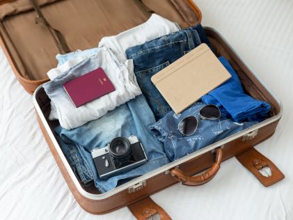 A suitcase being packed for vacation
