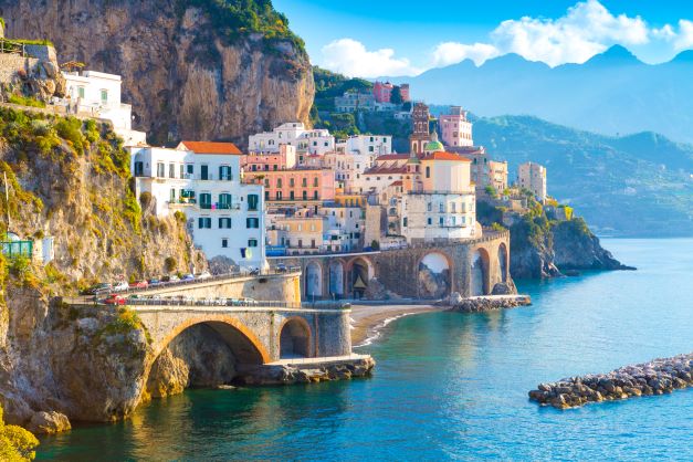 View of colorful buildings on the coast in Amalfi, Italy