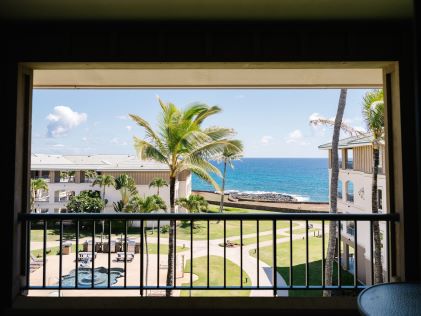 View from the balcony of a Suite at The Point at Poipu, a Hilton Vacation Club, in Kauai, Hawaii