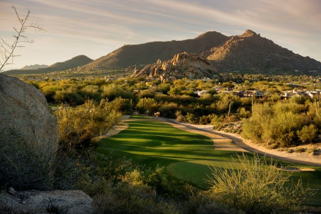 Gorgeous panorama of Scottsdale golf course with desert mountains in the distance, Arizona.
