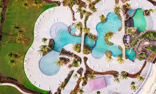 Aerial view of stunning super pool complex, Maui Bay Villas, a Hilton Grand Vacations Club, Hawaii. 
