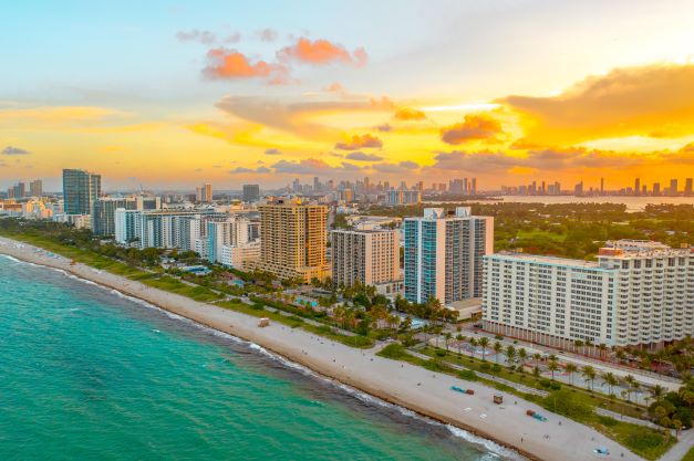 Beautiful aerial shot of South Beach, Miami skyline in the distance, Florida. 