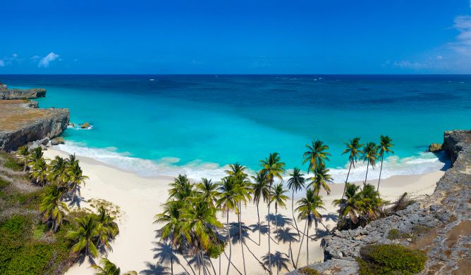 Aerial shot of Bottom Bay, white sands and turquiose waters, Barbados.