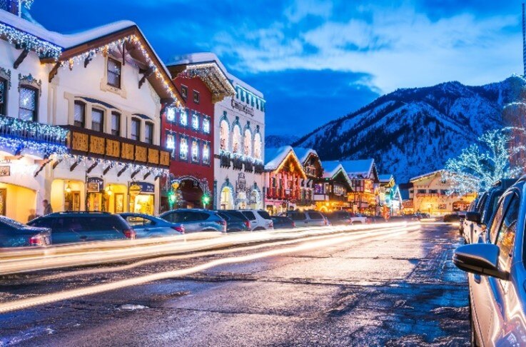 Bavarian-style architecture, the Cascade Mountains in the distance, Leavenworth, Washington 