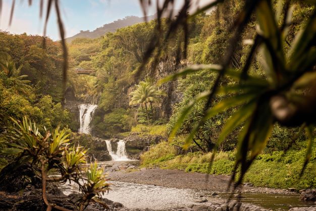 A lush landscape with two waterfalls on Maui, Hawaii, near Maui Bay Villas, a Hilton Grand Vacations Clubs