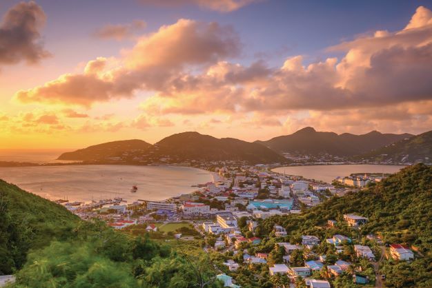 Breathtaking aerial view of St. Maarten at sunset, Caribbean. 