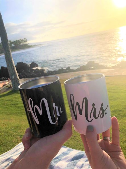 Hilton Grand Vacations Owners' "Mrs. and Mr." tumblers, picturesque tropical background, Big Island, Hawaii. 