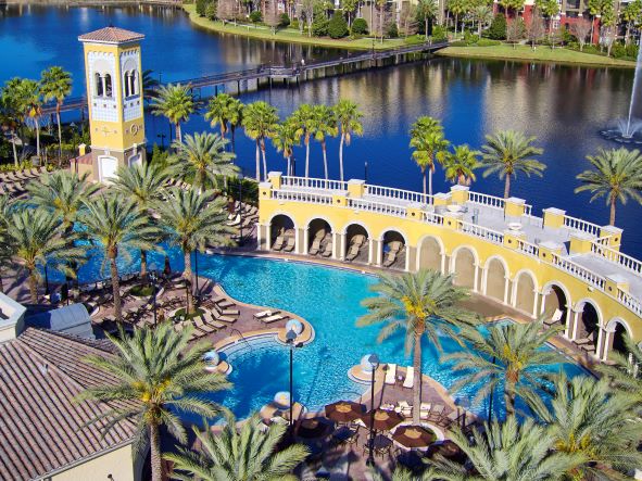 An aerial shot of the pool at Tuscany Village, a Hilton Grand Vacations Club, in Orlando, Florida
