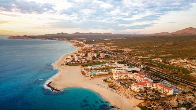 Incredible aerial image of La Pacifica Los Cabos, a Hilton Club, and Los Cabos shoreline, Mexico. 