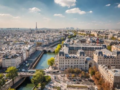 Aerial view of Paris, France, the Eiffel Tower in the background