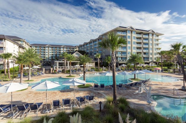 Pool and tower at Ocean Oak Resort, a Hilton Grand Vacations Club, in Hilton Head Island, South Carolina