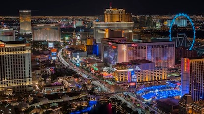 Stunning aerial image, Las Vegas Strip glowing against night sky, Las Vegas, Nevada. 