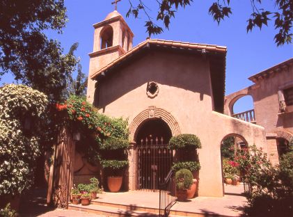 Spanish style wedding chapel at Tlaquepaque Arts and Crafts Village in Sedona, Arizona