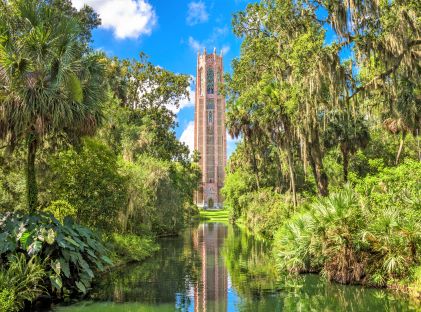 A neo-Gothic singing tower at Bok Tower Gardens in Orlando, Florida