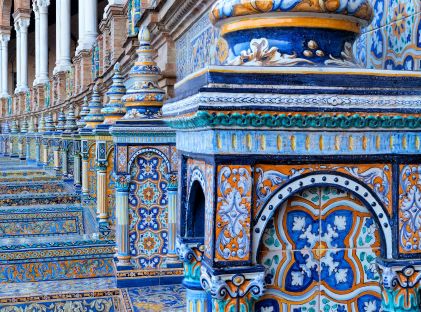 Hand-painted tiles in the Plaza de  España in Seville, Spain