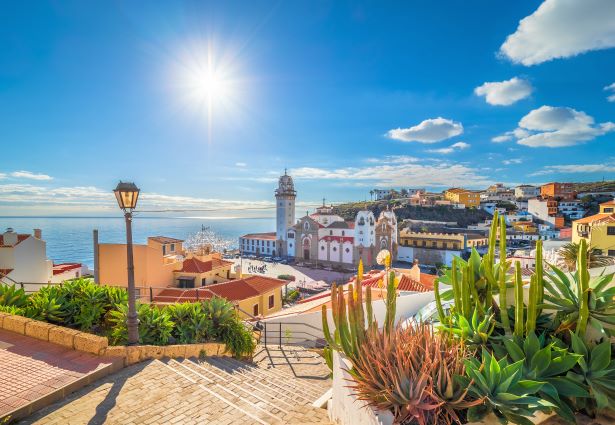 View of Southern Spanish architecture and the Mediterranean Sea at Tenerife, Canary Islands, Spain