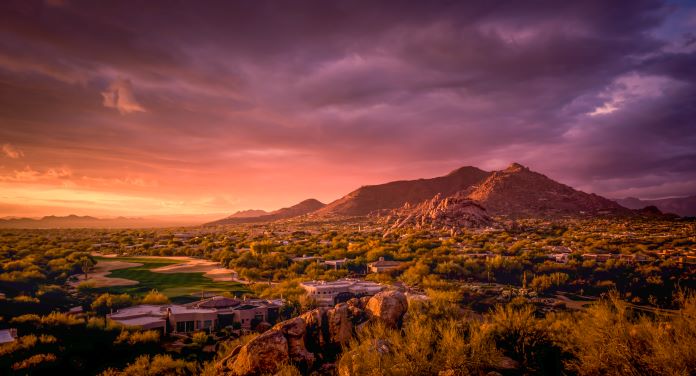 Scottsdale, Arizona, at sunset with storm clouds