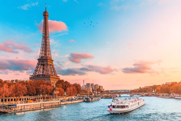 Autumn in Paris, France includes fall foliage along the Seine River and the Eiffel Tower
