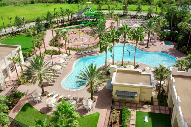 Aerial image, beautiful pool, Las Palmeras, a Hilton Grand Vacations Club, Orlando, Florida. 
