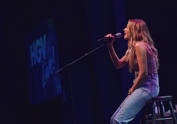 Profile shot, Carly Pearce performing on stage, HGV Live! show, Hard Rock Orlando, Florida. 