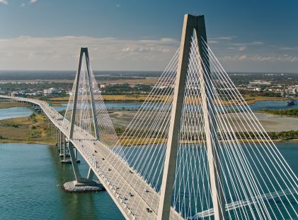 Drone shot of Cooper River Bridge in Charleston, South Carolina