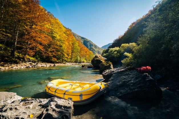 River raft pulled ashore, Pigeon River, Gatlinburg, Tennessee. 