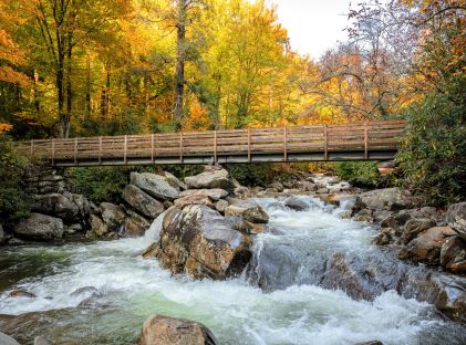Bridge Over Little Pigeon River in fall in the Great Smoky Mountains National Park, near Gatlinburg, Tennessee