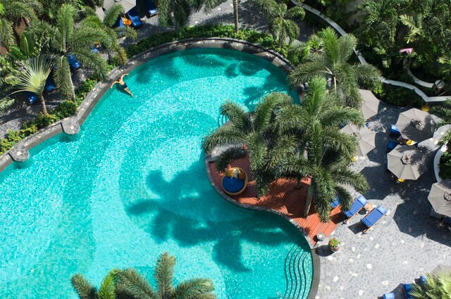 Aerial view, stunning Hilton Hotel pool. 