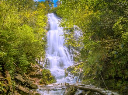 Mingo Falls, a waterfall in the woods of the Great Smoky Mountains National Park in Tennessee
