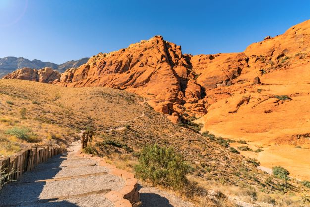 A hiking path along the sandstone formations of Red Rock Canyon near Las Vegas, Nevada