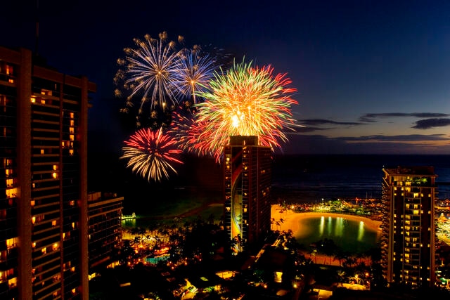 Fireworks bursting beautifully over Hilton Hawaiian Village®, Oahu, Hawaii. 