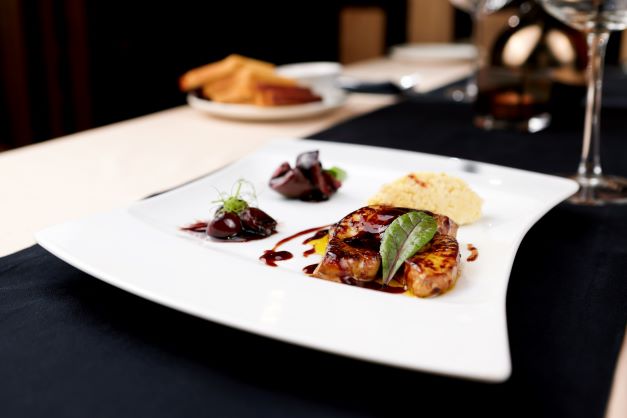 Artistically plated foie gras, fine dining restaurant, Las Vegas. 