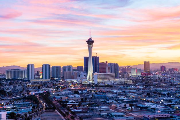 Sunset painted sky over Las Vegas skyline, Nevada. 