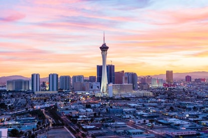 Sunset painted sky over Las Vegas skyline, Nevada. 