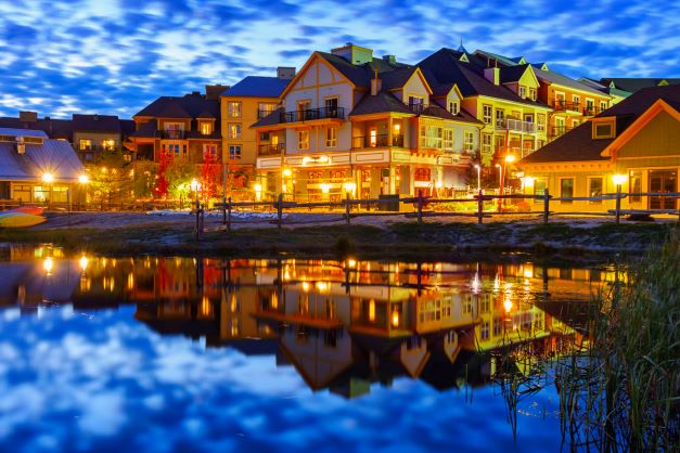 Blue Mountain Village lit up at night, The Blue Mountains, Ontario, Canada. 
