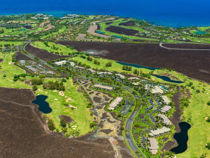 Aerial view of golf course near Kings' Land, a Hilton Grand Vacations Club, on Big Island, Hawaii