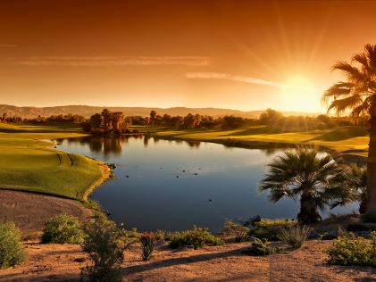 Golf course at sunset with palm trees in Palm Desert, California