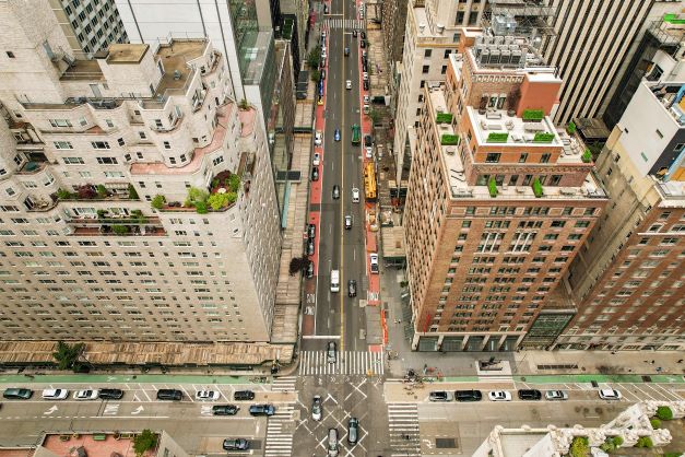 Aerial view, looking down, New York City street, New York, New York.