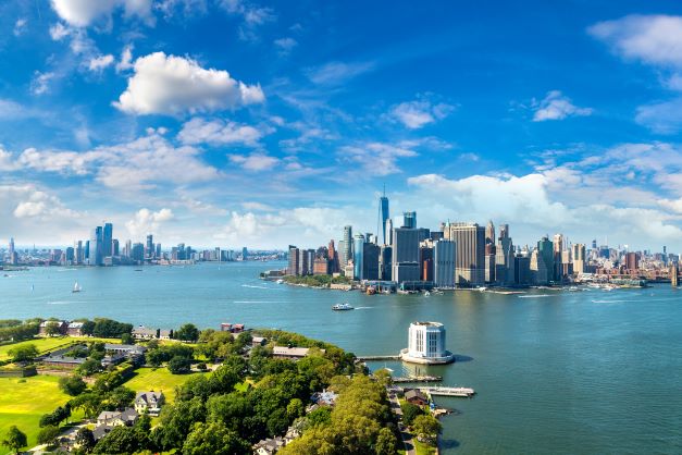 Beautiful aerial view, Midtown Manhattan, blue skies, blue water, New York, New York.