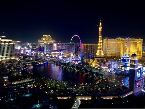 Las Vegas skyline glowing, nighttime, Nevada.
