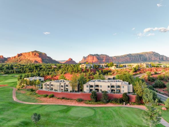 Picturesque aerial view, Ridge on Sedona, a Hilton Vacation Club, red rocks in distance, Arizona.