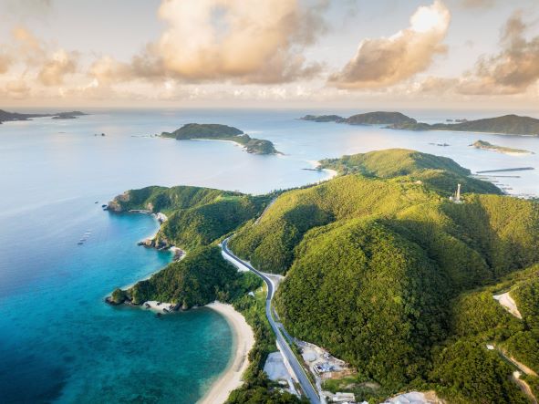 Aerial view of lush, tropical islands of Kerama in Okinawa, Japan