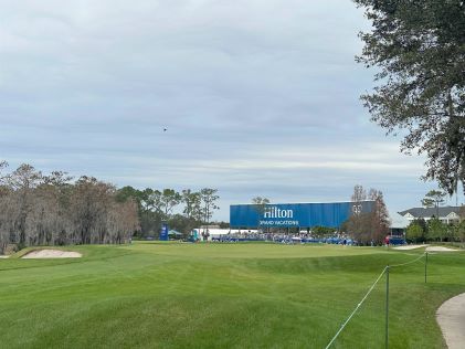 The 18th hole at Lake Nona Golf & Country Club in Orlando at the 2023 Hilton Grand Vacations Tournament of Champions